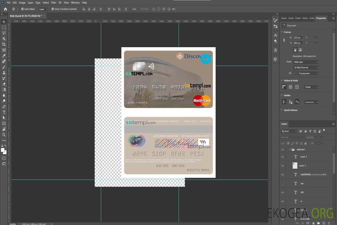 Modèle de carte de crédit mastercard South Africa Discovery Limited au format PSD template